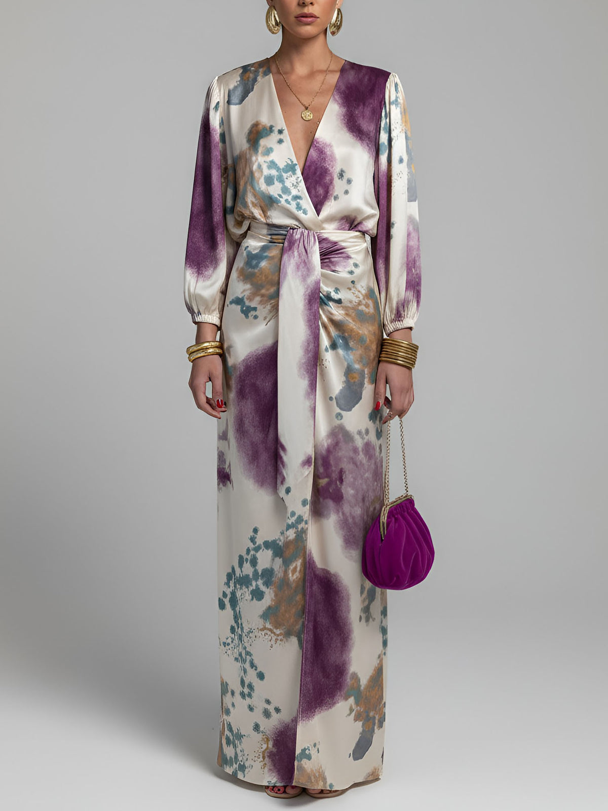 Elegant Watercolor Print Satin Top & Skirt Two-Piece Set