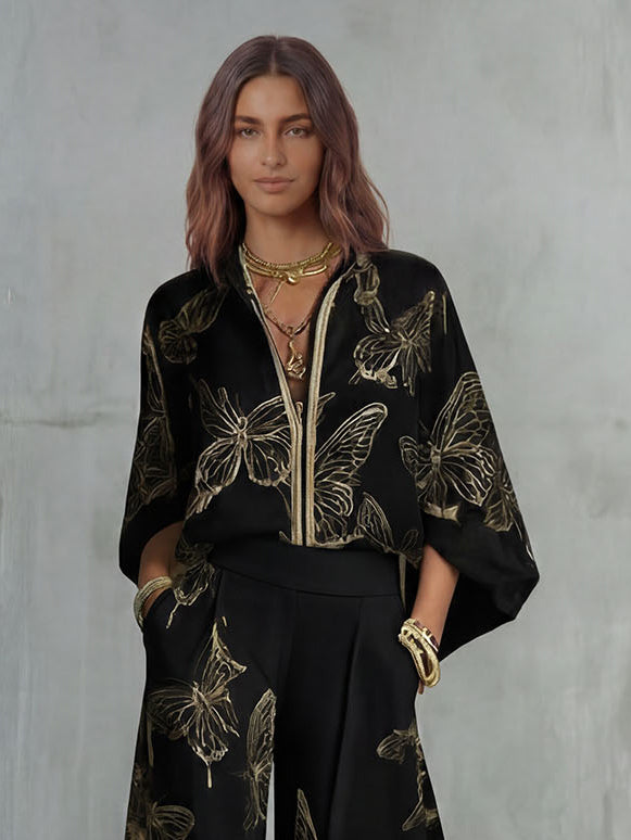 Elegant Butterfly Print Wide-Leg Pants