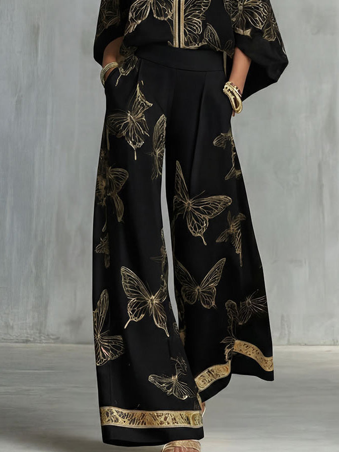 Elegant Butterfly Print Zip-Up Top & Wide Leg Pants Set
