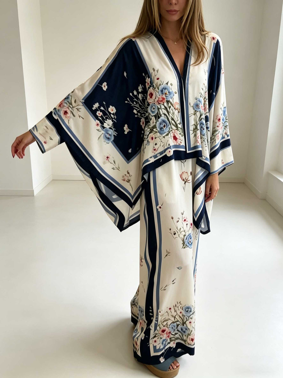 Exquisite Satin Print Loose Batwing Sleeve Open-Front Shirt