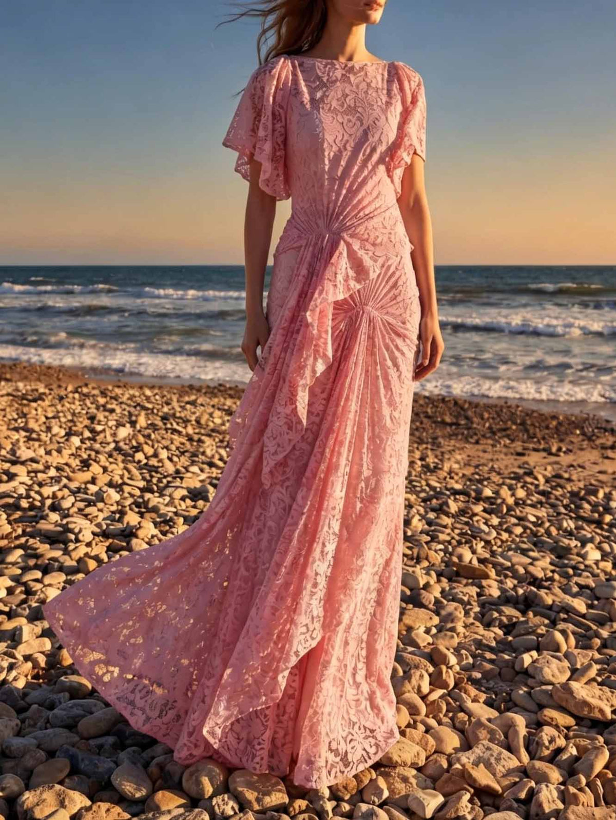 Elegant Lace Ruched Ruffle Party Maxi Dress