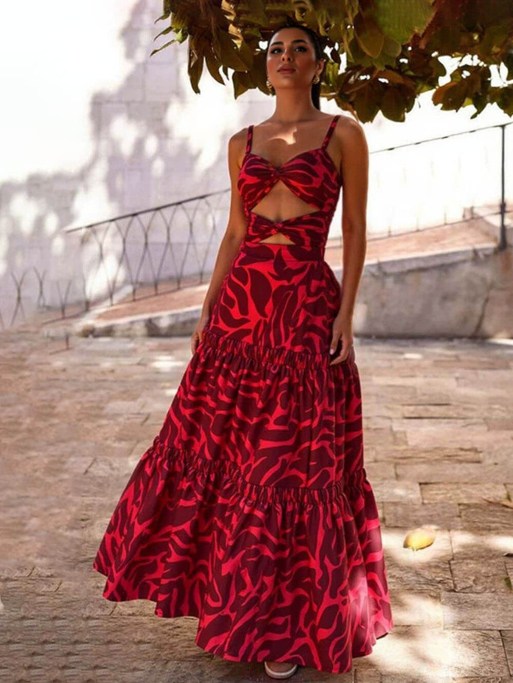 Cutout Printed One-Piece Swimsuit And Maxi Skirt Set