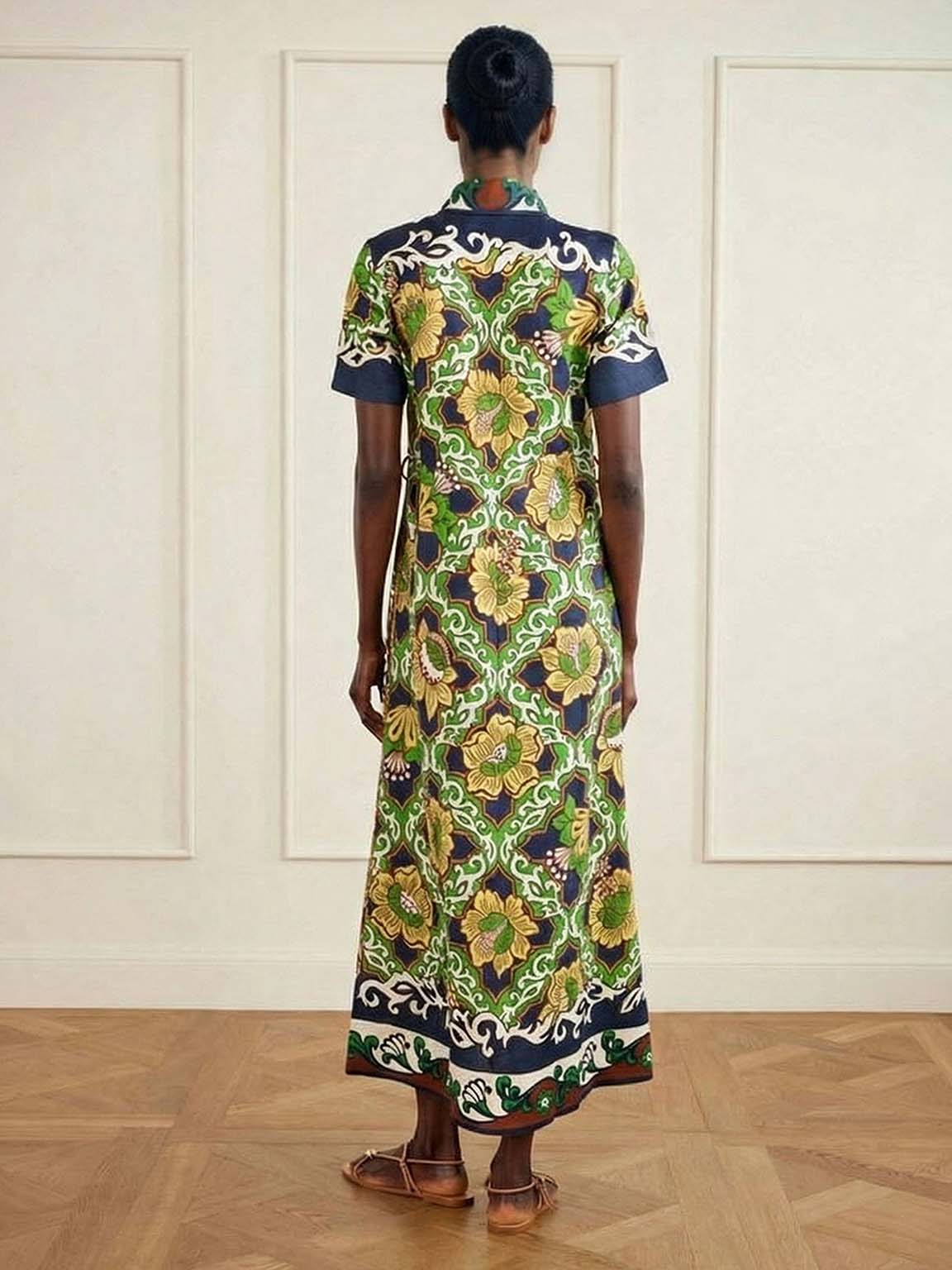 Casual Bohemian Style Bar Print Shirt Collar Ti Meani Dress-Likemychoice