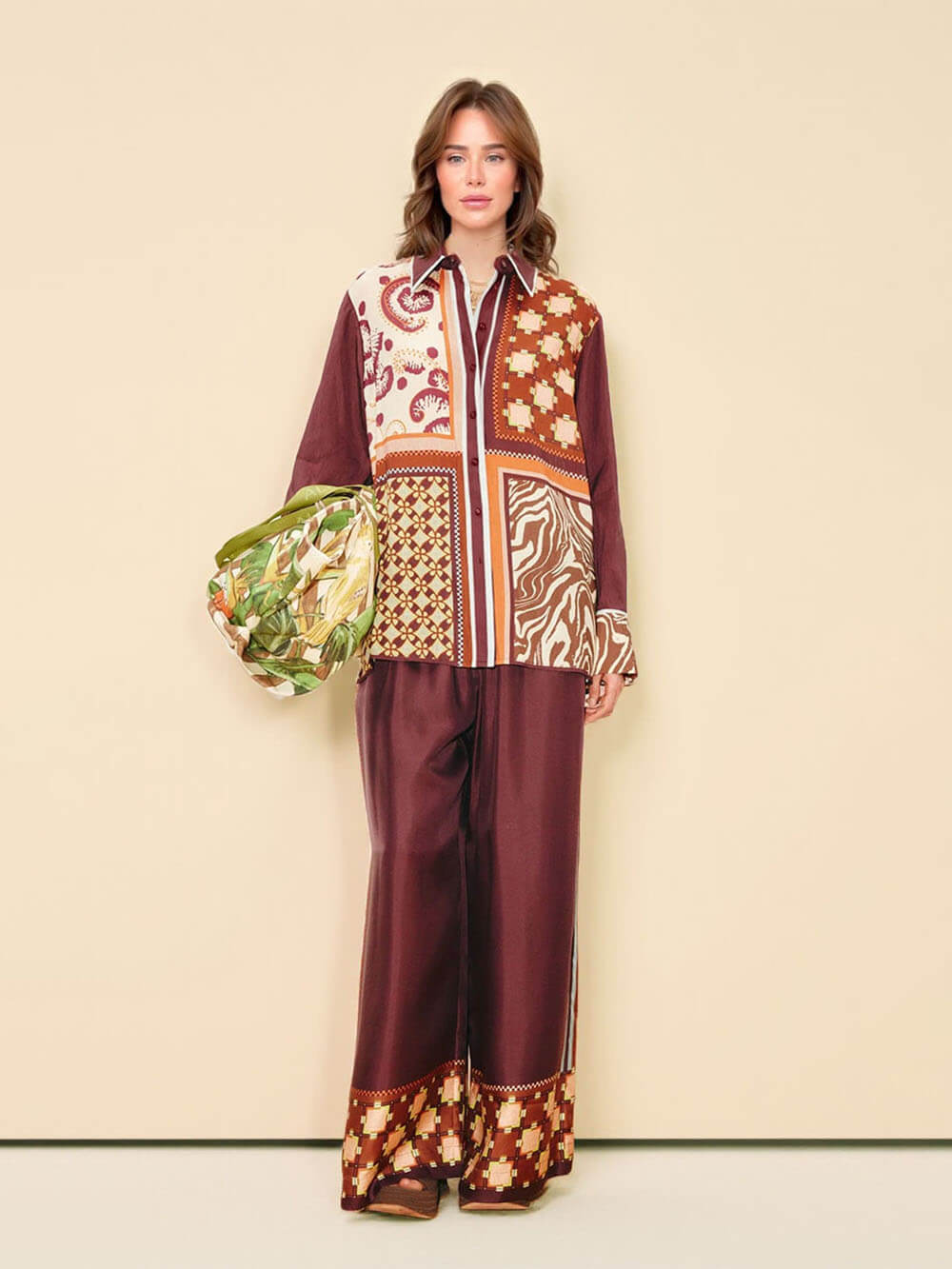 Unique Paisley Color-Block Satin Shirt