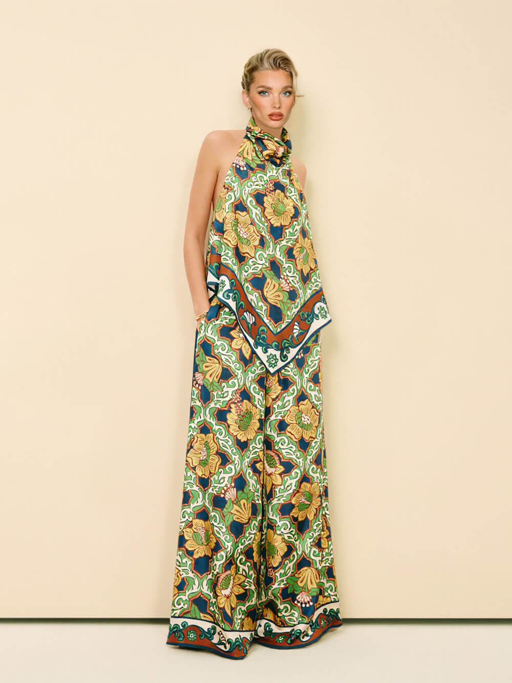Modern Satin Asymmetric Print Backless Camisole And Pocket Wide-Leg Pants Set