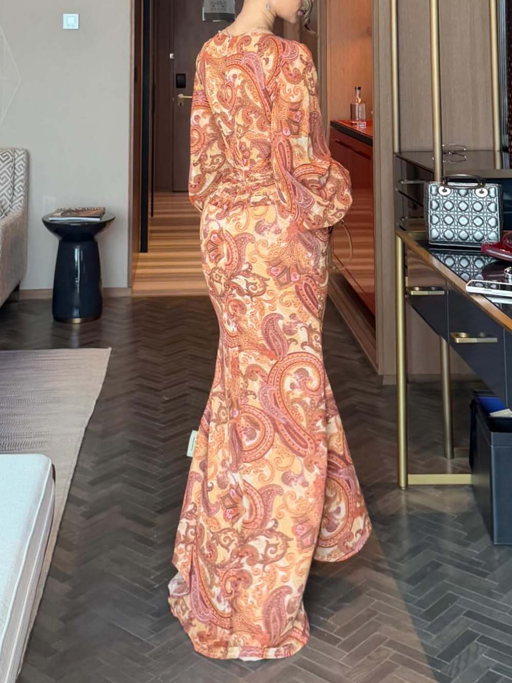 Paisley Print Puff Sleeve Mermaid Maxi Dress