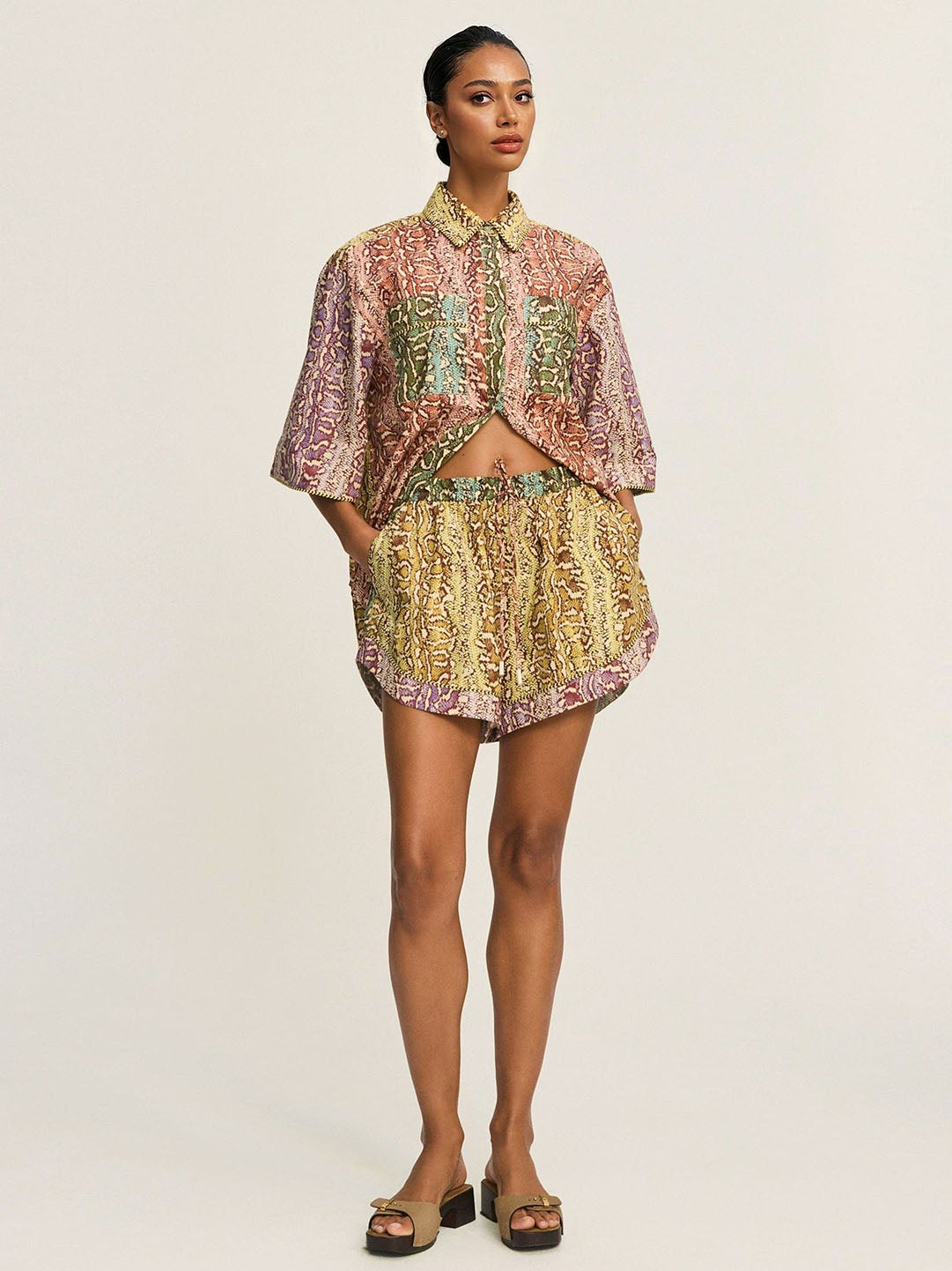 Luxury Patchwork Snakeskin Print Shirt & Shorts Set