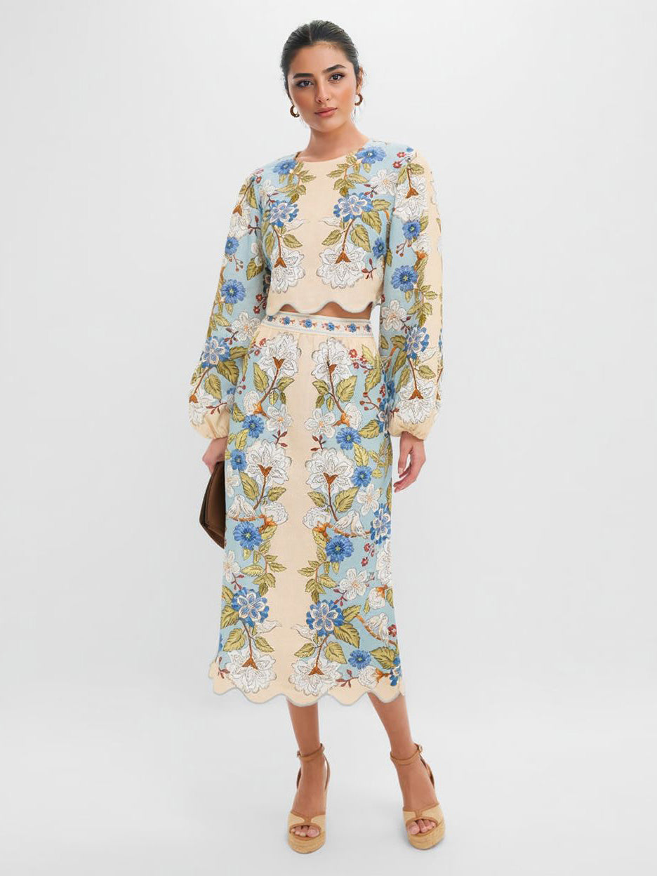 Retro Floral Embroidered Long-Sleeve Crop Top