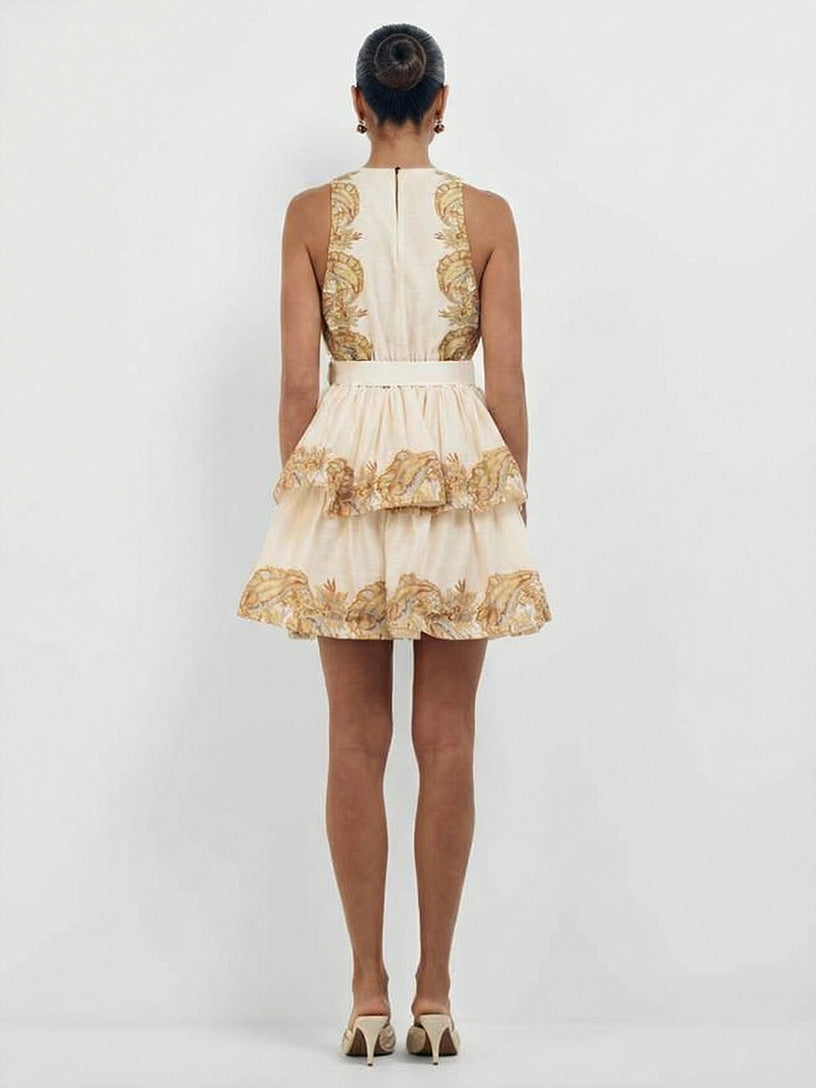 Elegant Paisley Print Sleeveless V-Neck Ruffle Mini Dress