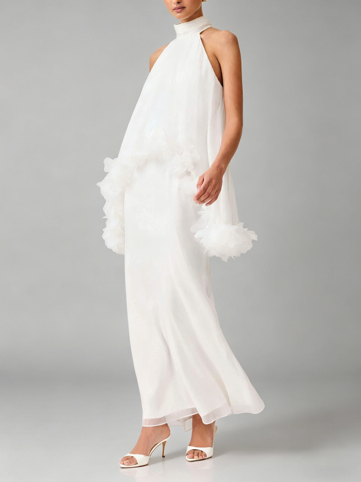 Clear Ruffled Floral Applied Chiffon Maxi Dress
