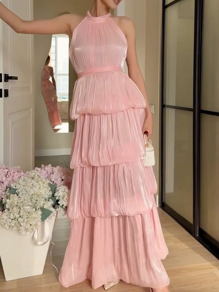 Elegant Metallic Halter Tiered Layered Maxi Dress