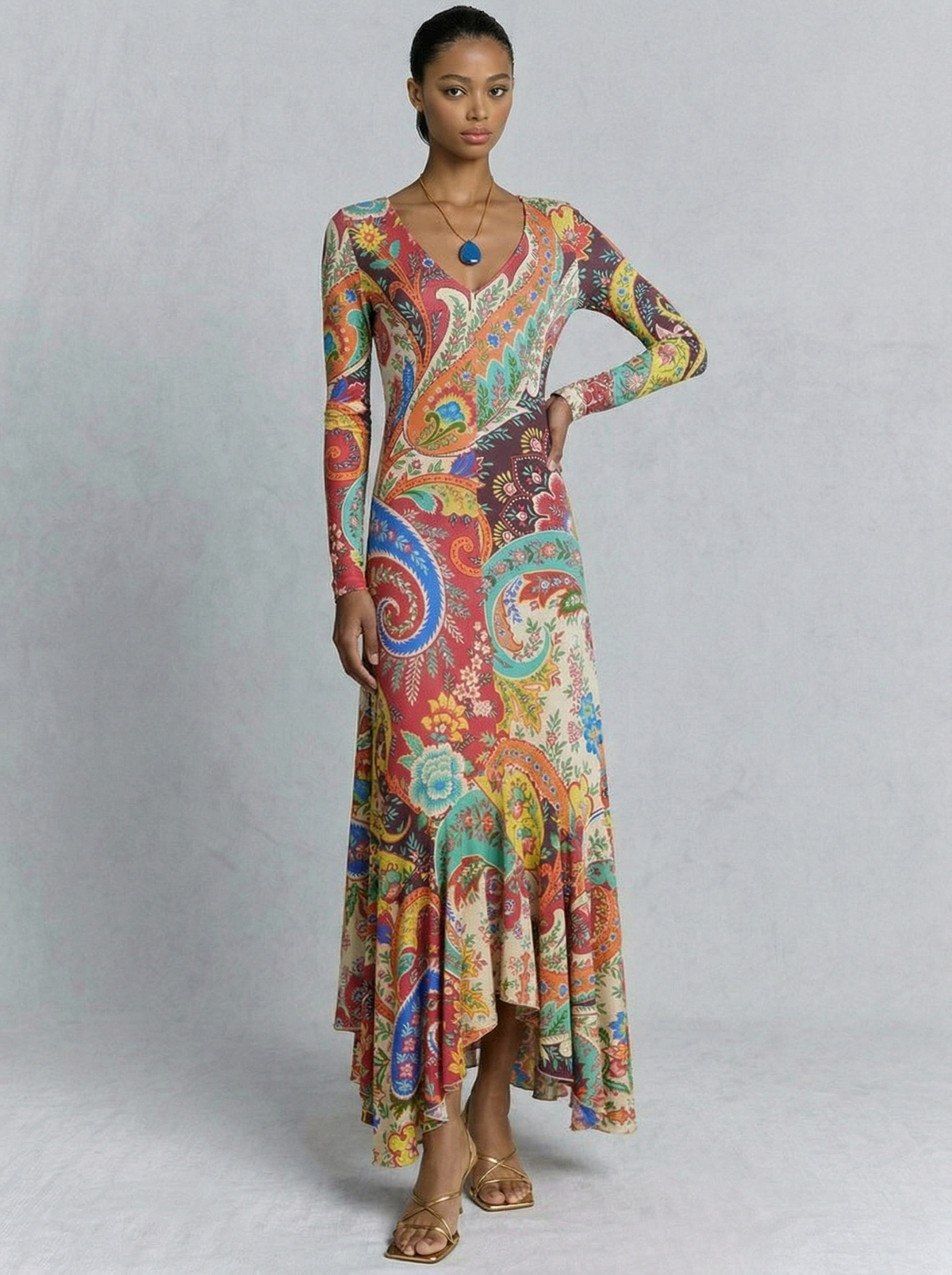 Colorful Paisley Print V-Neck Flounce Hem Maxi Dress