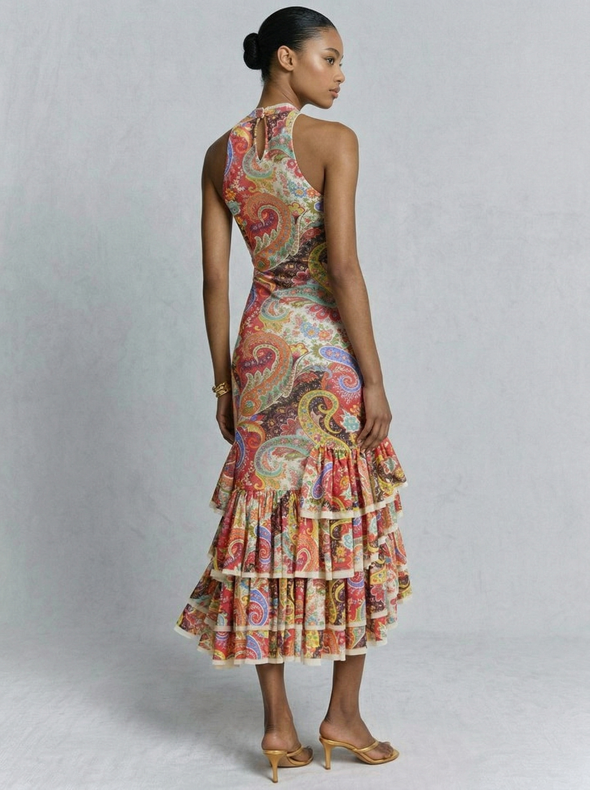 Colorful Paisley Print Ruffled Hem Halter Midi Dress