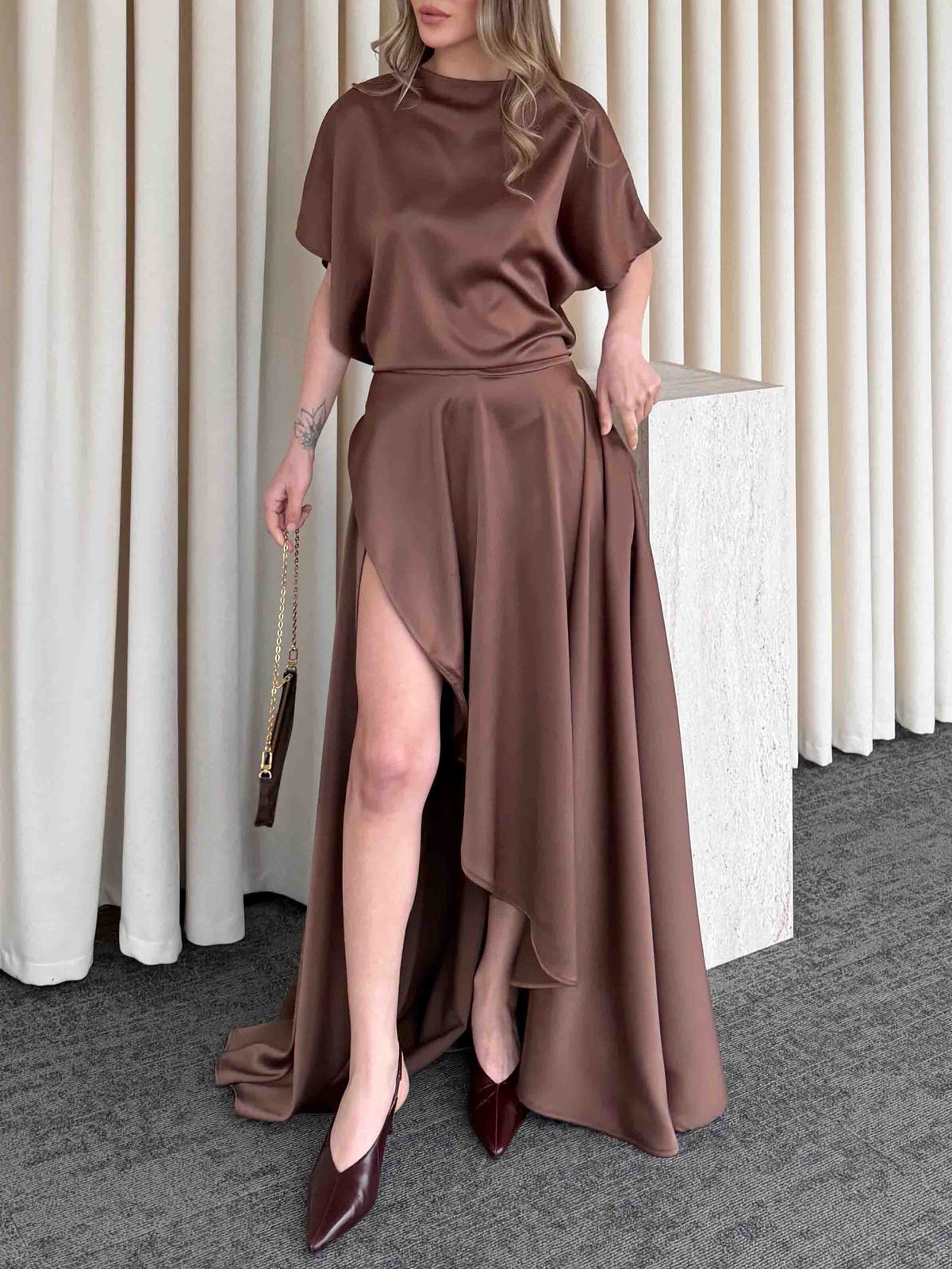 Elegant Satin Flowing Wrap Midi Dress