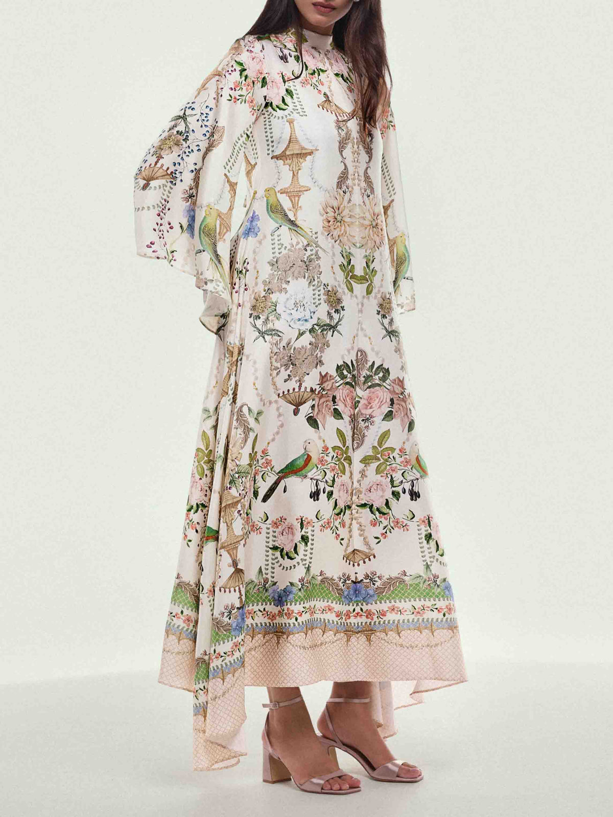 Exquisite Flared Sleeve Floral Print Satin Maxi Dress