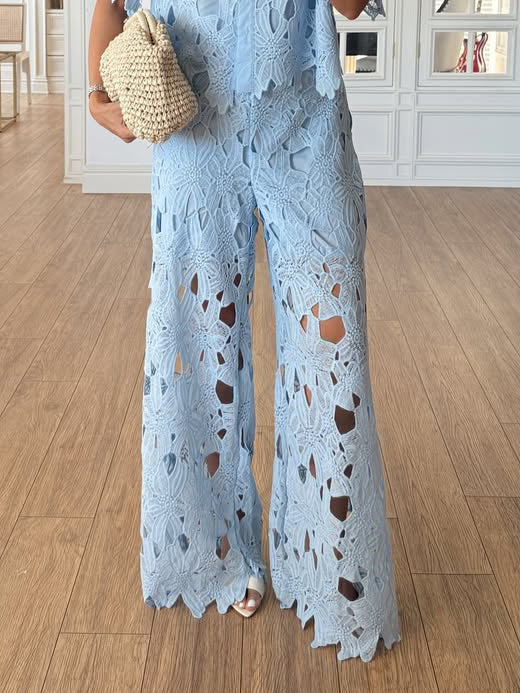 Casual Cutout Lace Short Sleeve Shirt
