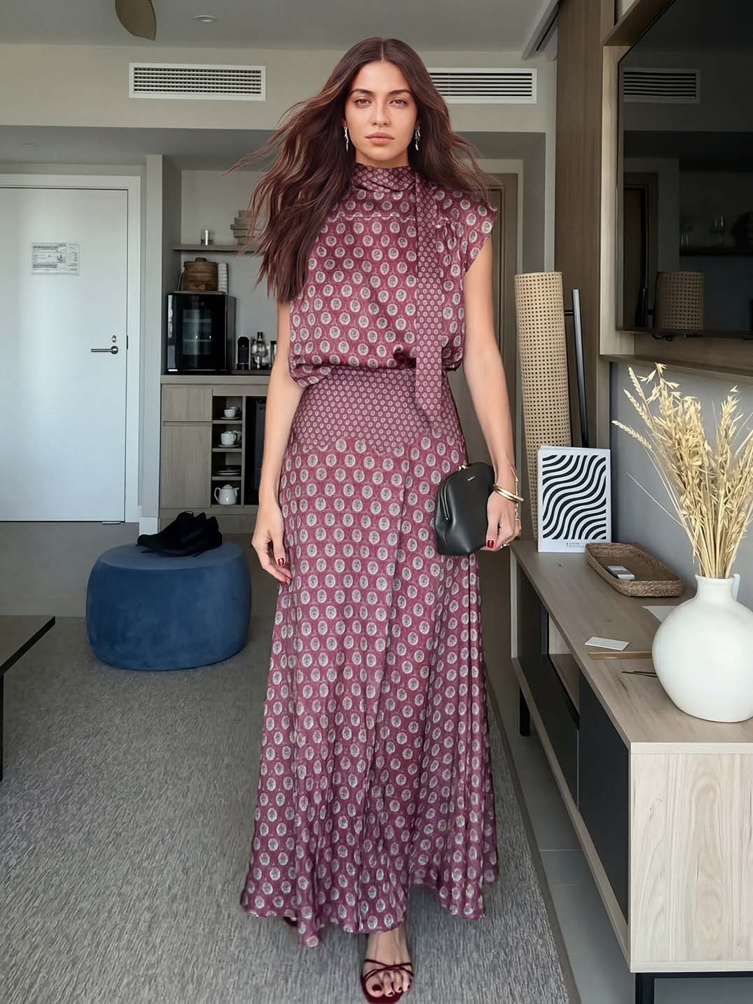 Retro Print Scarf Neck Top & Flowing Maxi Skirt Two-Piece Set