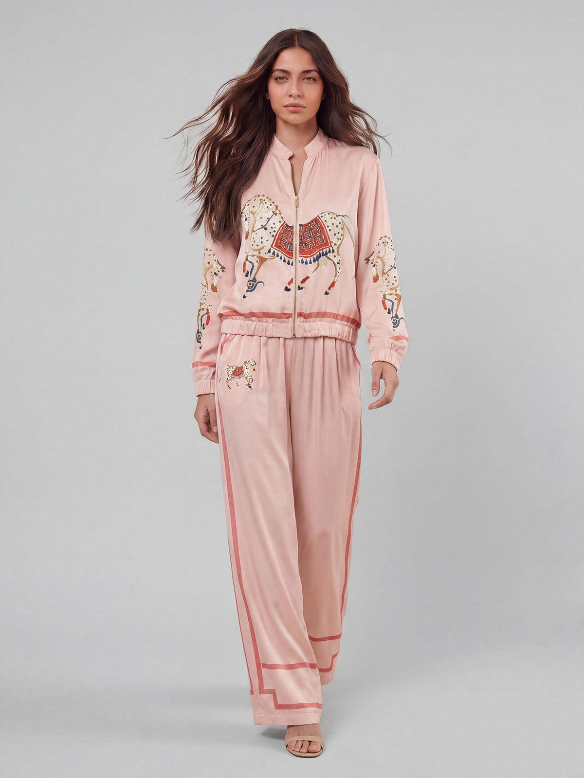 Exquisite Satin Horse Print Zip-Up Shirt