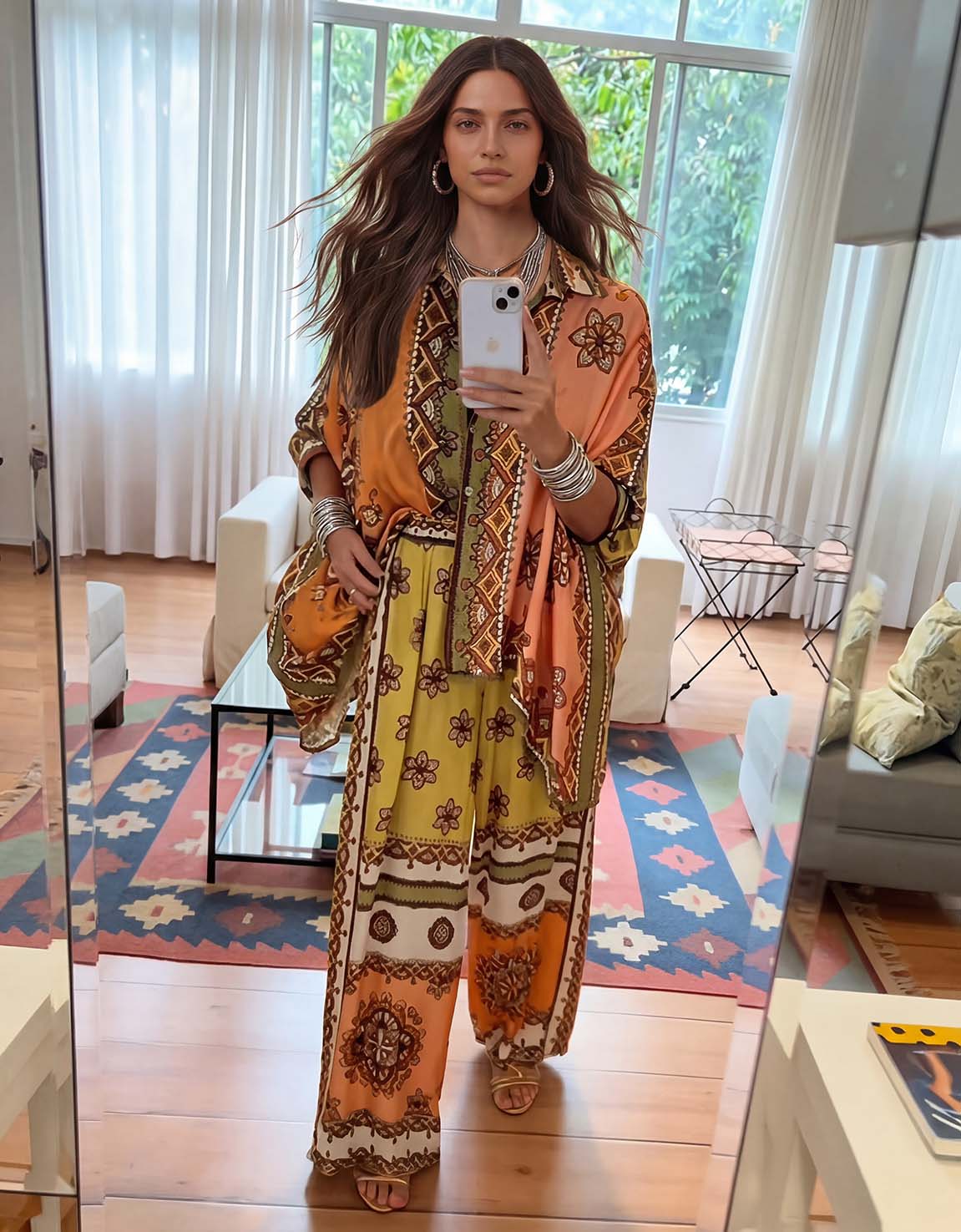 Unique Satin Paisley Print Wide-Leg Pants