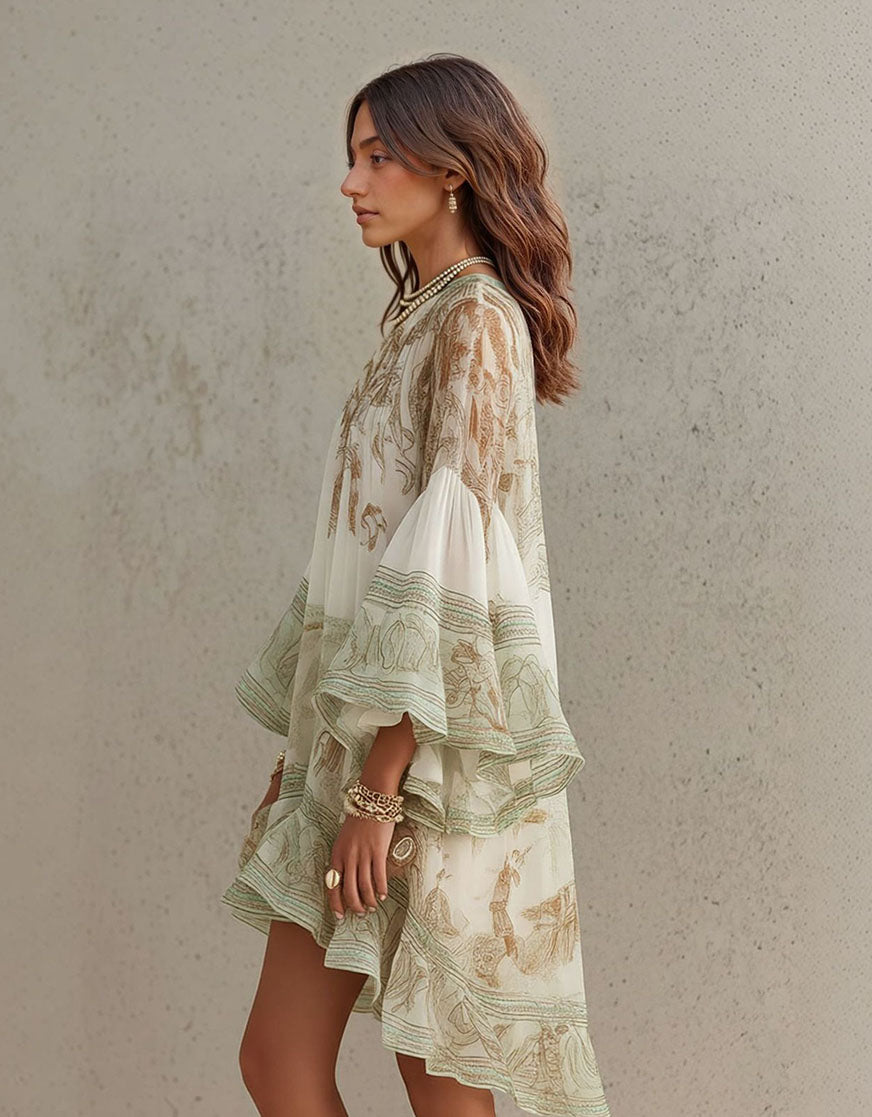 Elegant Vintage Print Ruffle Flare Sleeve Mini Dress
