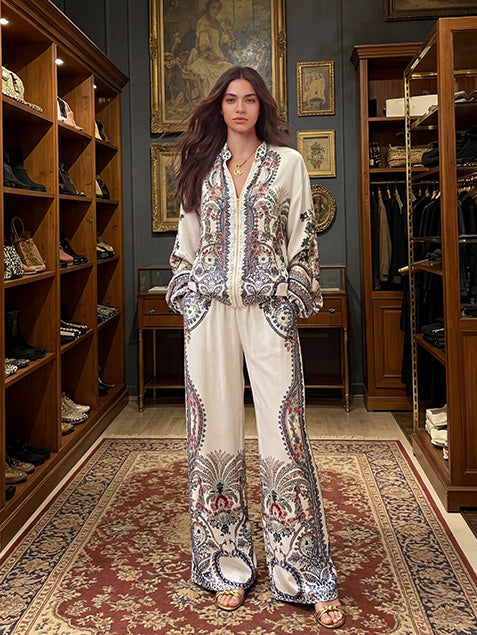 Elegant Paisley Print Zip-Up Long Sleeve Shirt
