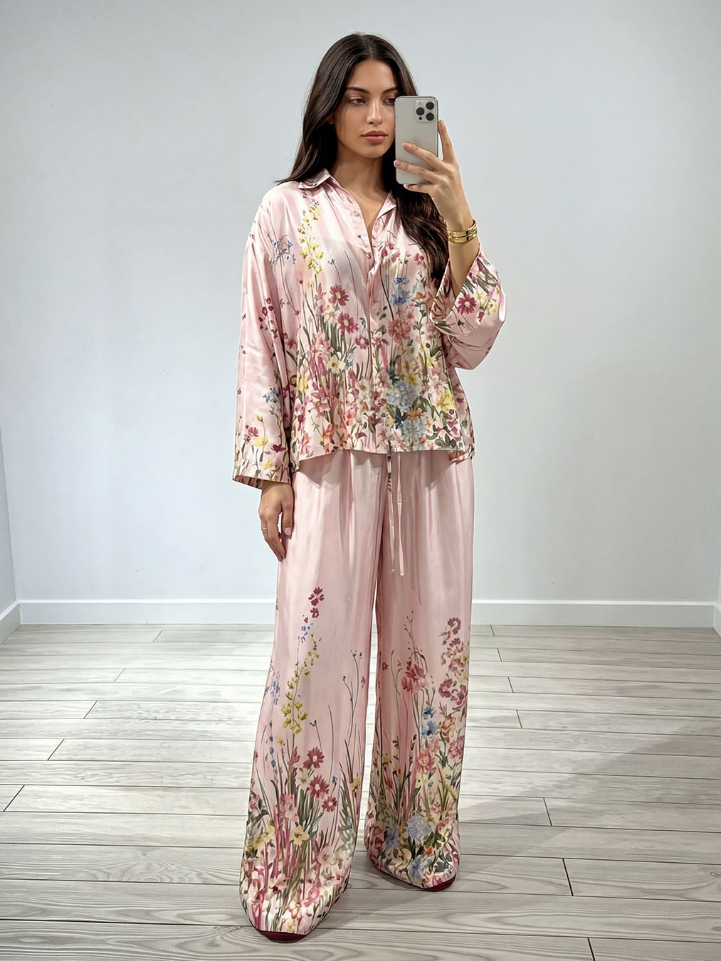 Elegant Floral Print Satin Wide Leg Pants