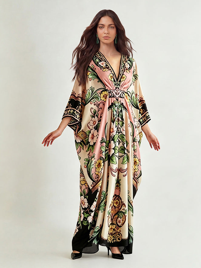 Elegant Floral Print V-Neck Batwing Sleeve Maxi Dress