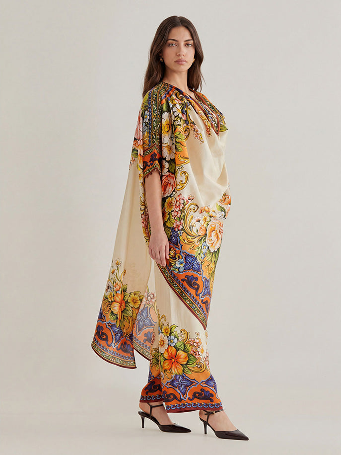 Bohemian Floral Print Draped Top & Wide-Leg Pants Set