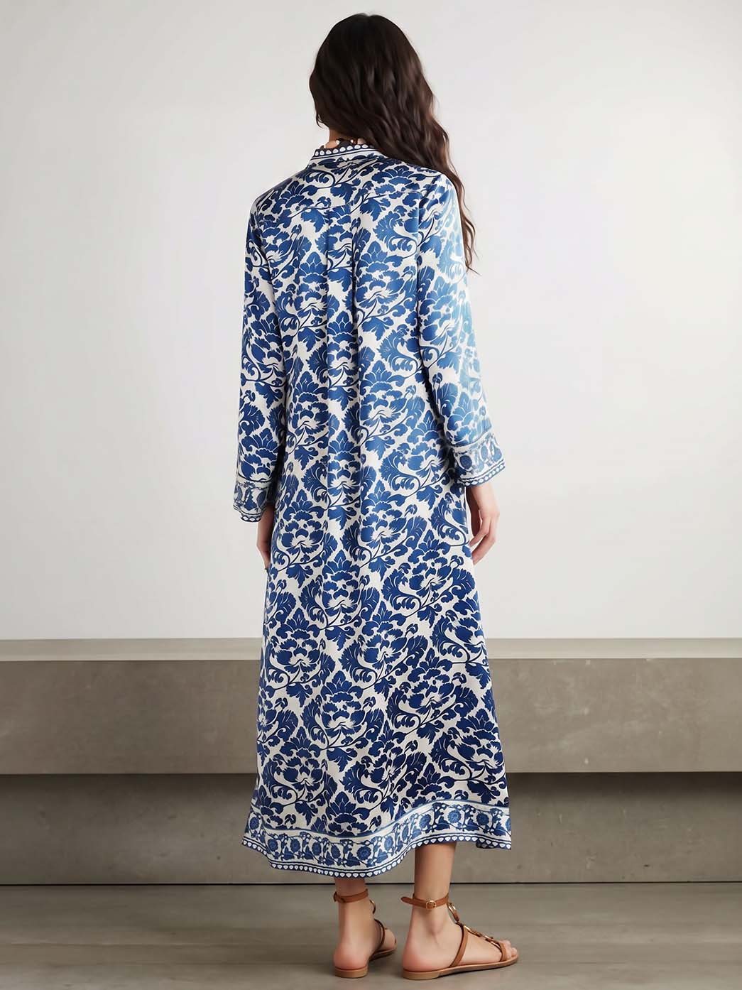 Exquisite Baroque Satin Print Long Sleeve Midi Dress