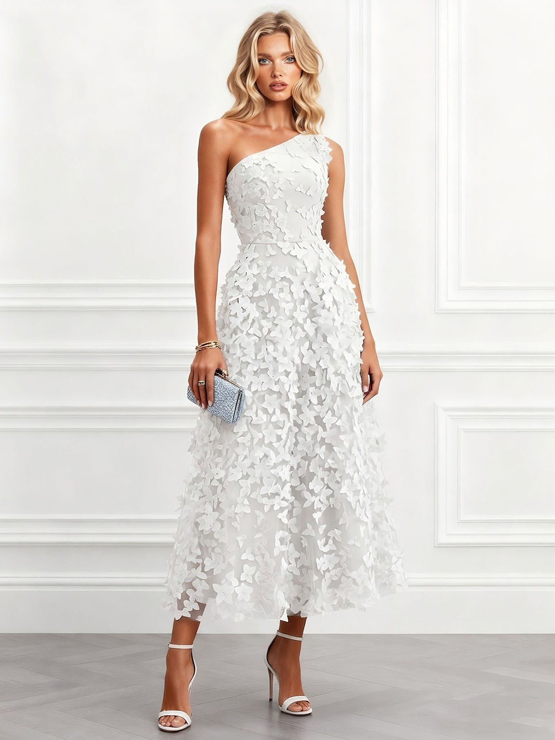 Elegant One Shoulder 3D Butterfly Veil Midi Dress