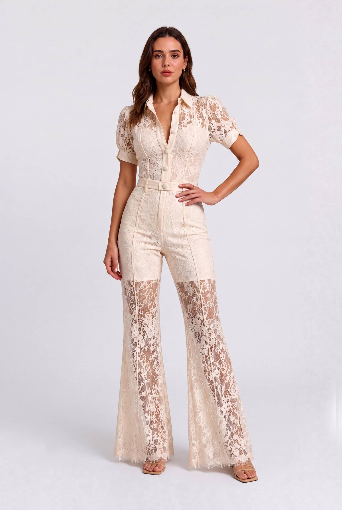 Vintage Lace Bubble Sleeve Slim-fit Jumpsuit