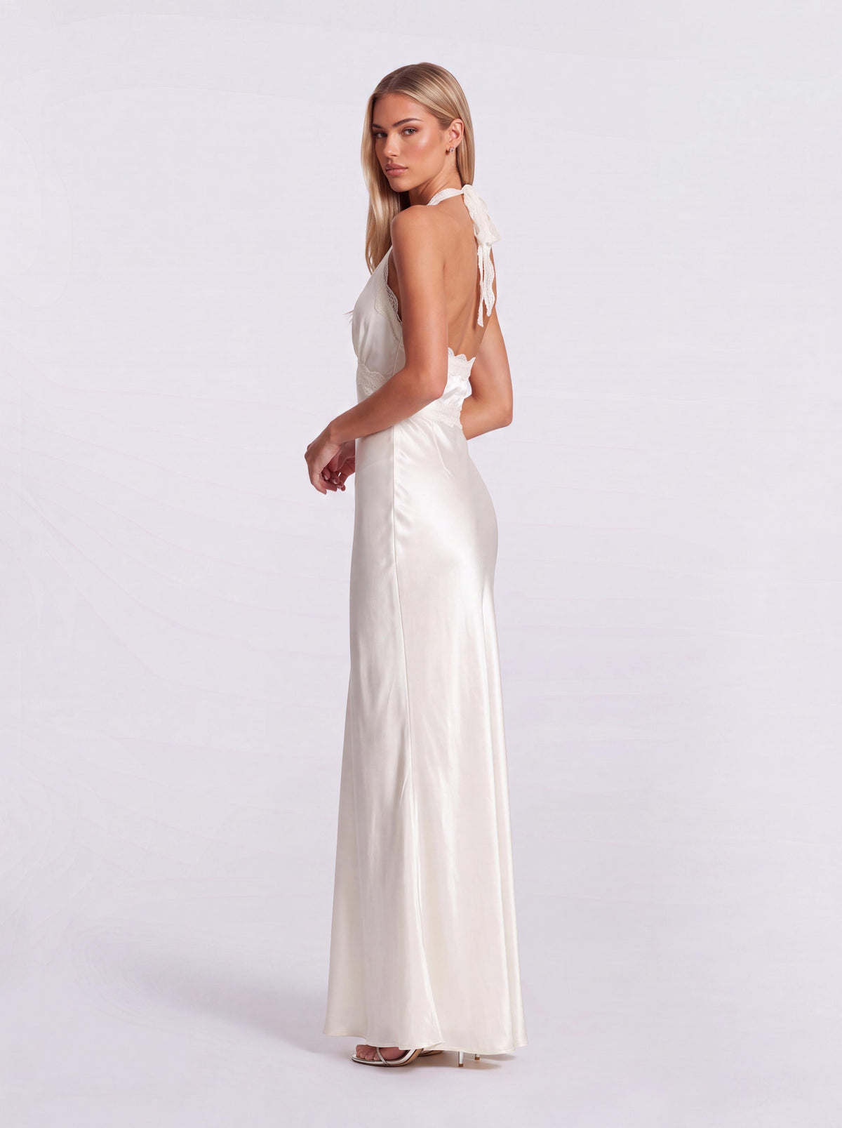 Lace-Trim V-Neck Satin High Split Halter Dress