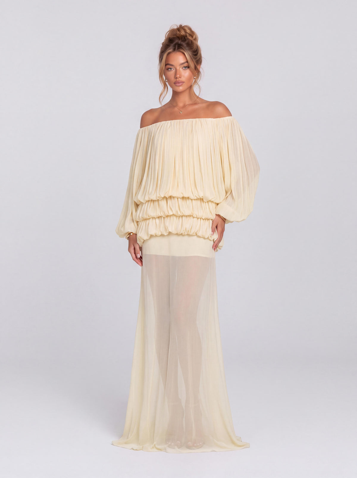Pleated Off-shoulder Bubble Long Sleeve Perspective Long Party Dress