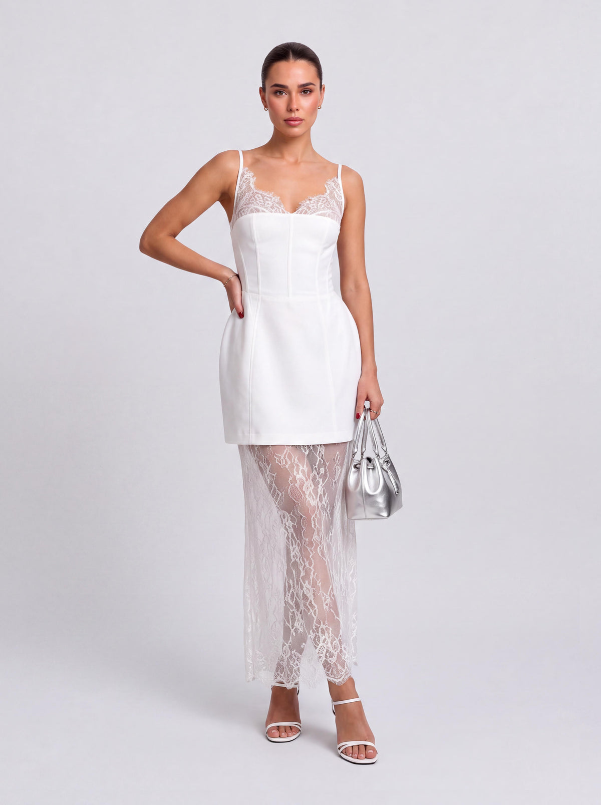 Belted Lace Sling Long And Short Perspective Layered Dress Two-Piece Set