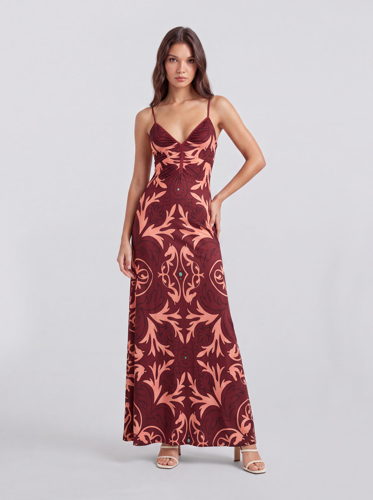 Retro European-style Pattern Slim-fit Long Dress With V-neck