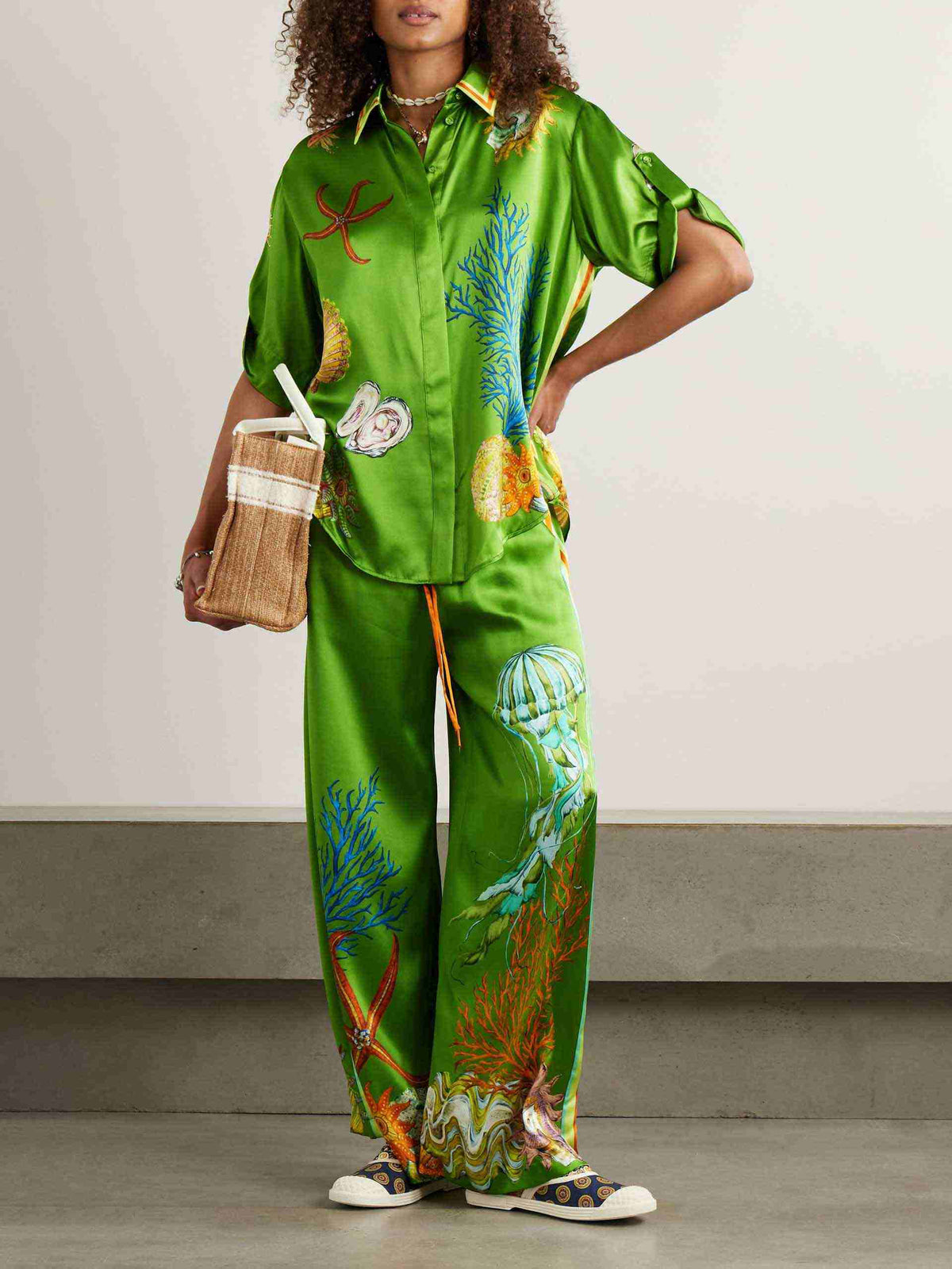 Ocean Print Satin Wide Leg Palazzo Pants
