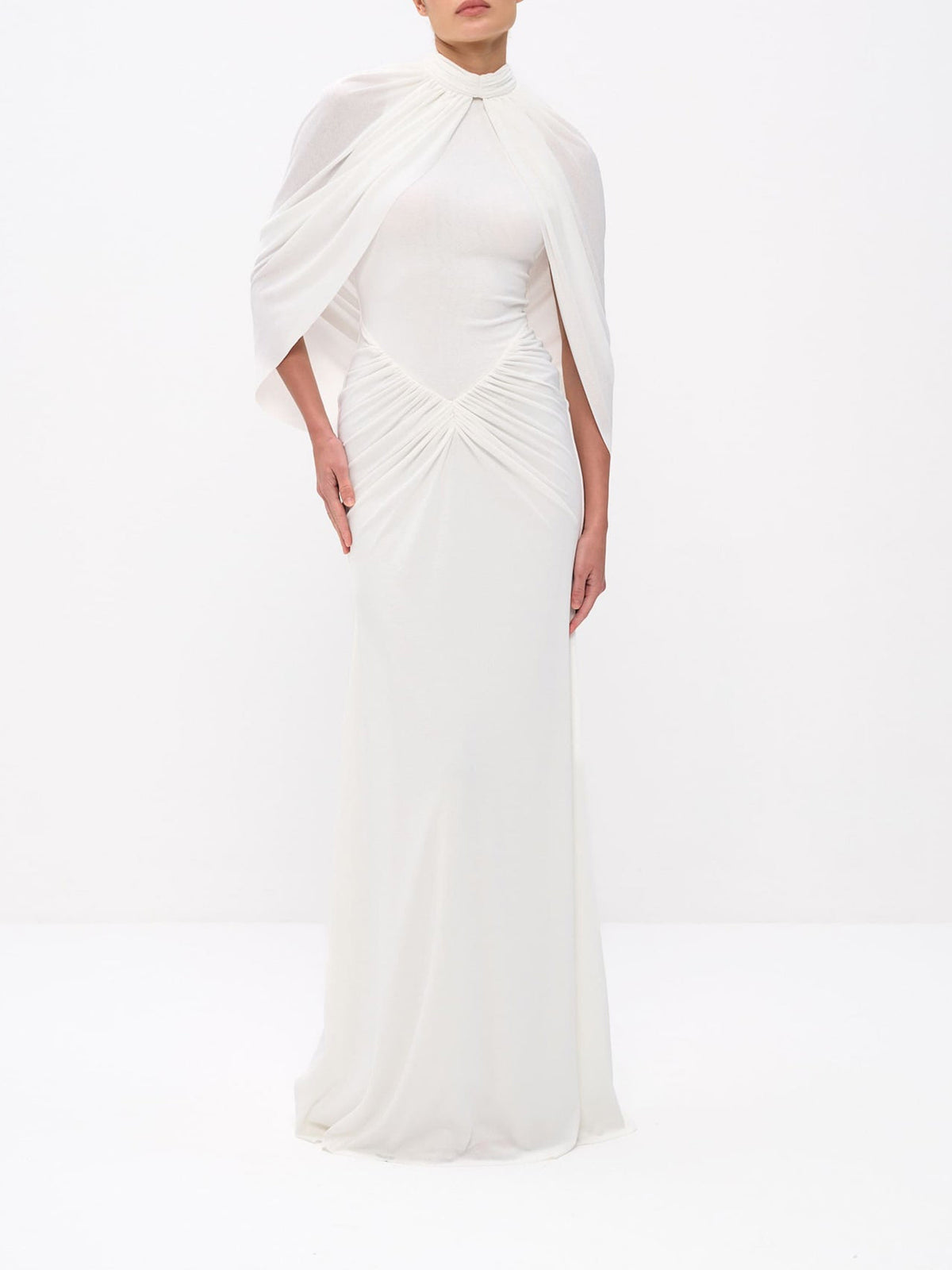 Elegant Cape Sleeve High Neck Pleated Maxi Dress