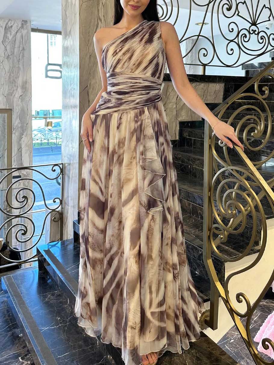 Elegant One-Shoulder Marble Print Chiffon Maxi Dress