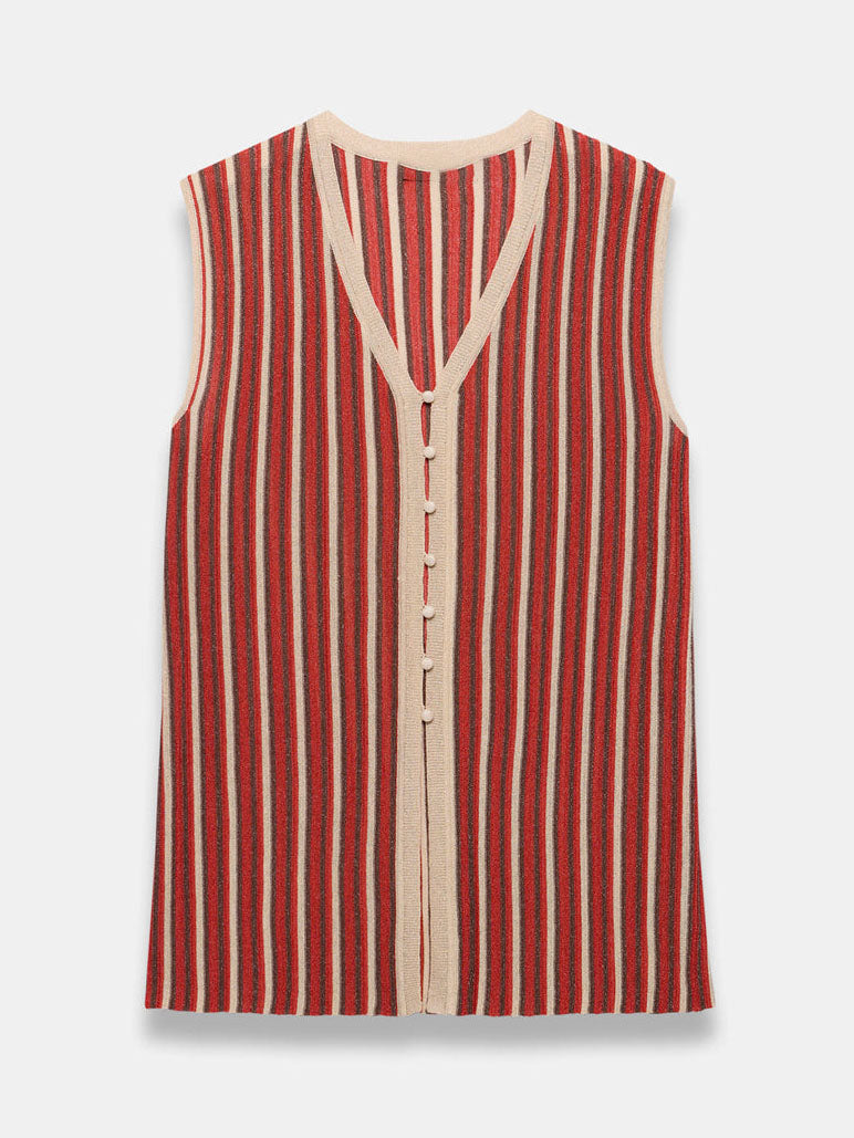 Casual Sleeveless Button-Up Vest Striped Knit Two-Piece Set
