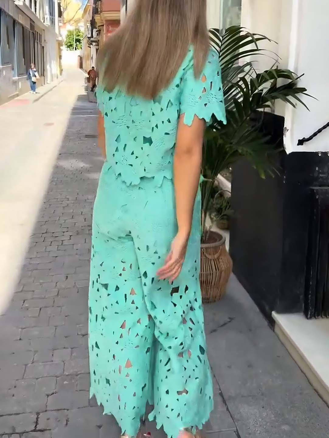 Casual Cutout Lace Short Sleeve Shirt