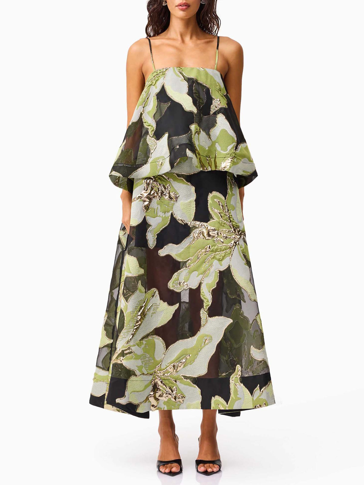 Elegant Jacquard Layered Spaghetti Strap Maxi Dress
