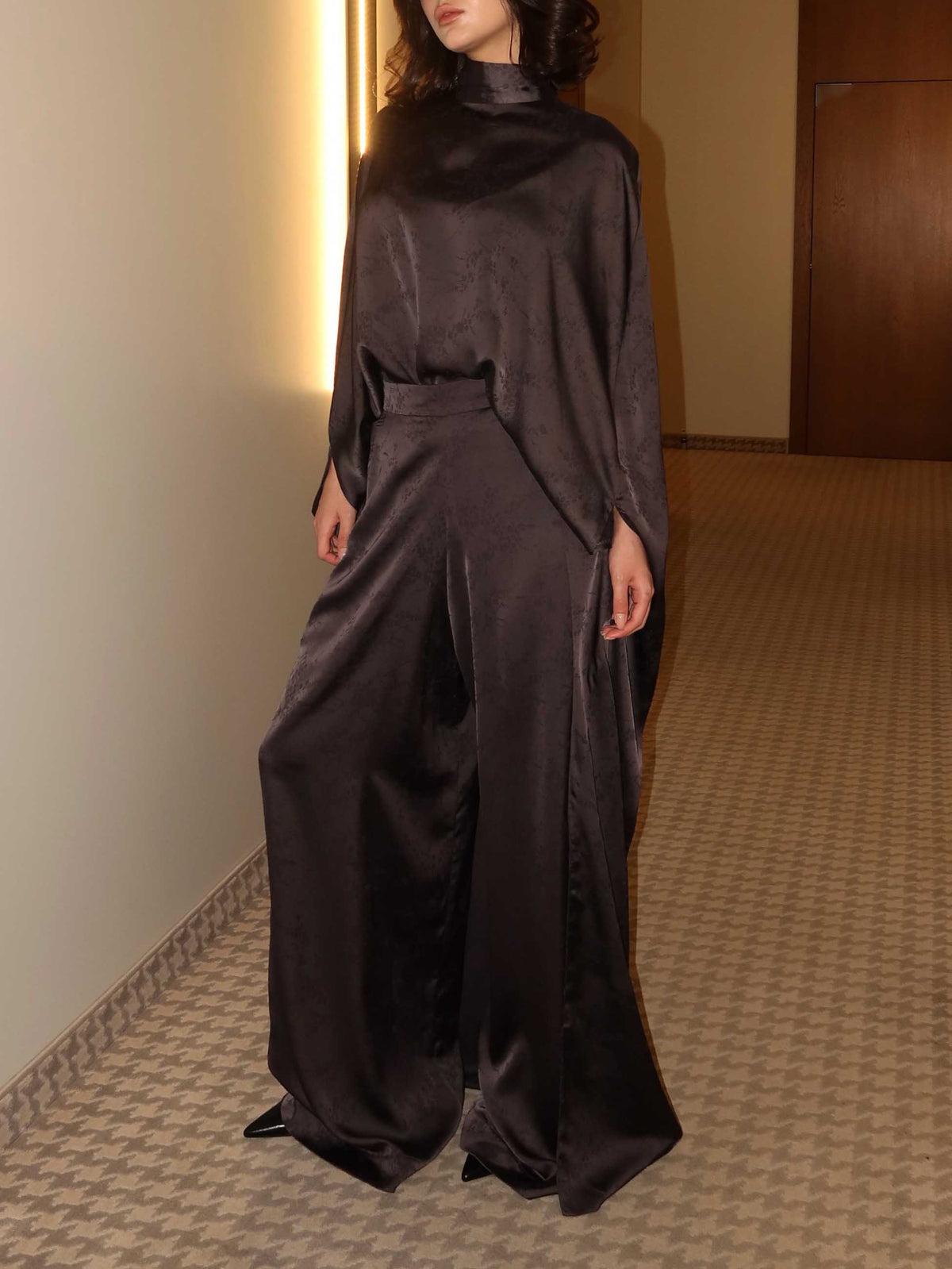 Elegant Satin Batwing Top & Draped Wide-Leg Pants Two-Piece Set