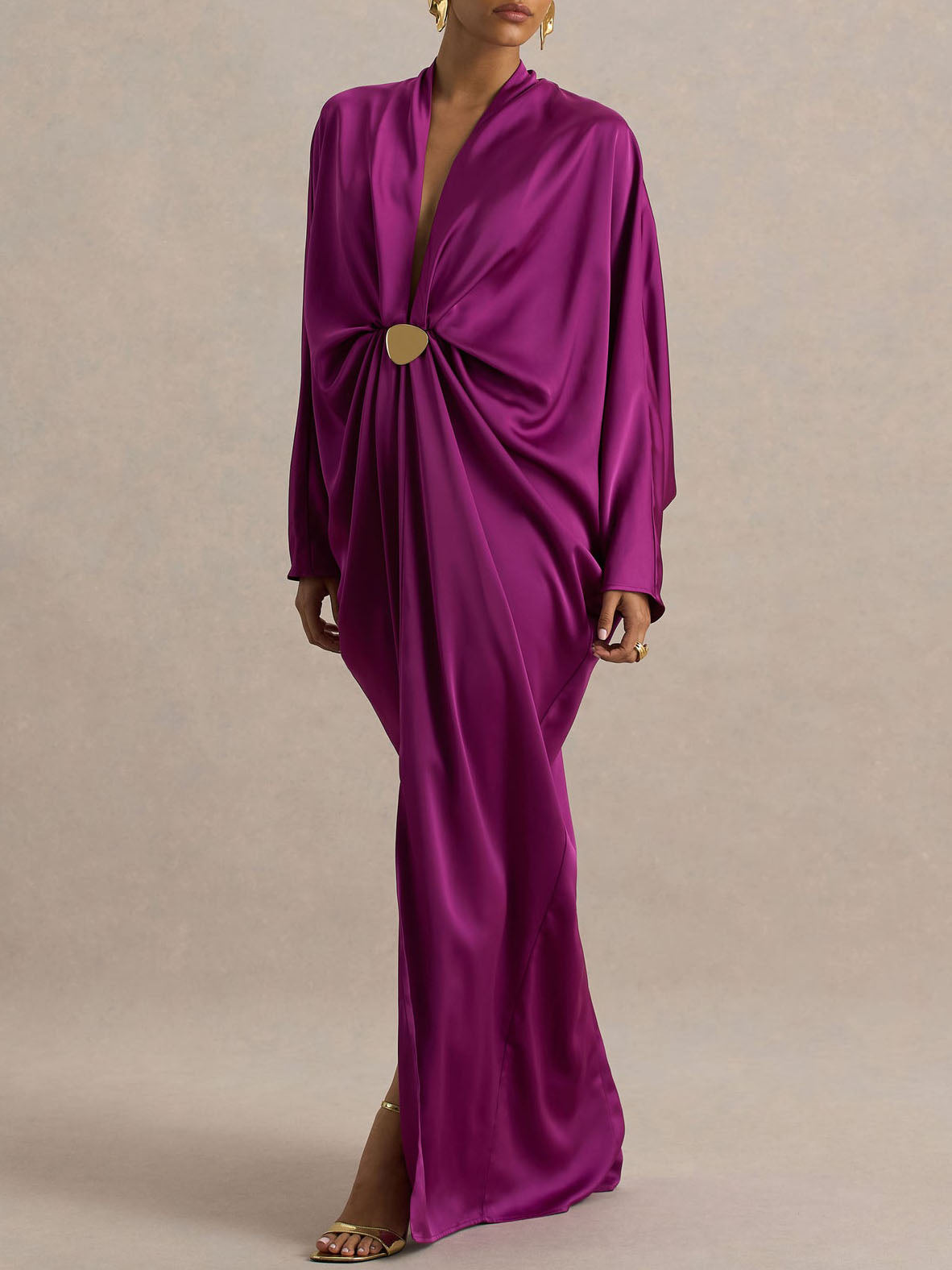 Elegant Satin Batwing Sleeve Draped Maxi Dress