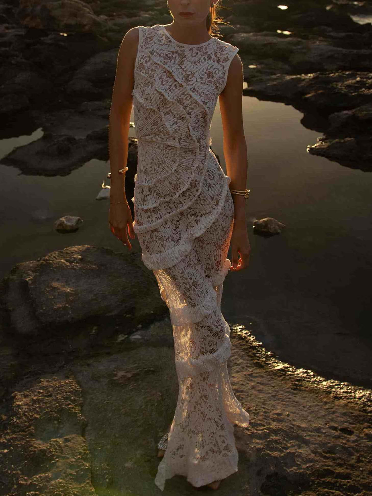 Elegant Lace Ruffle Bodycon Maxi Dress