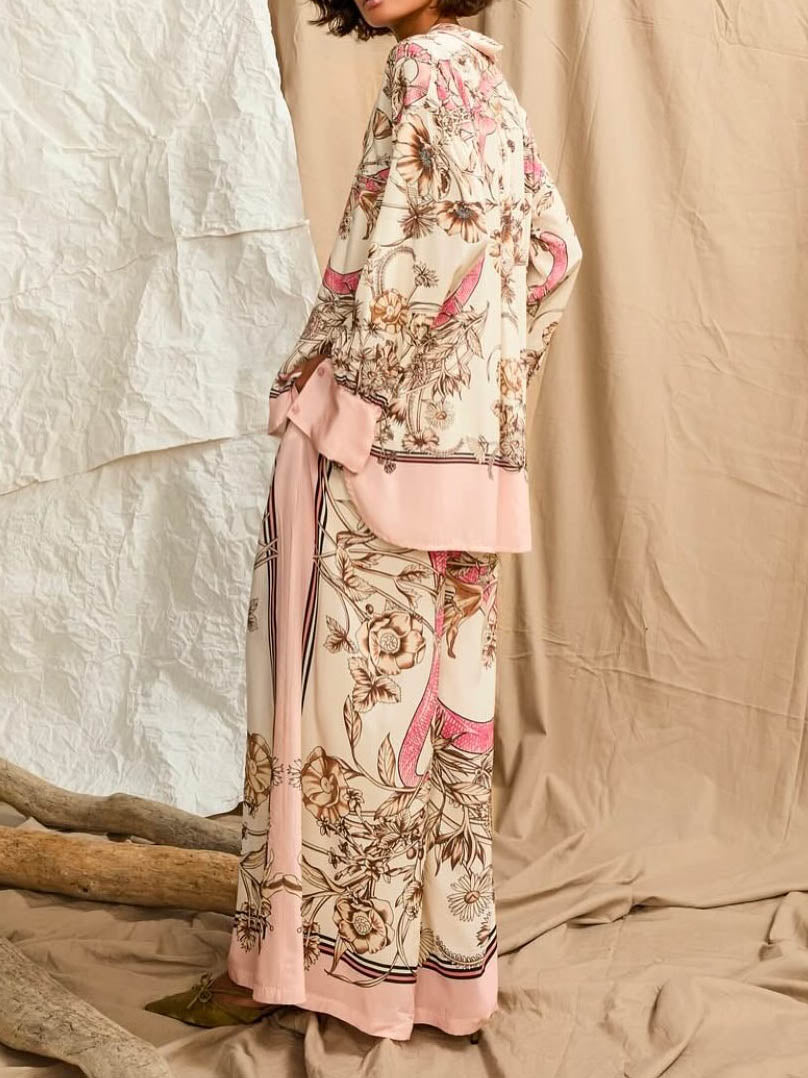 Elegant Floral Print Satin Shirt & Wide-Leg Pants Set