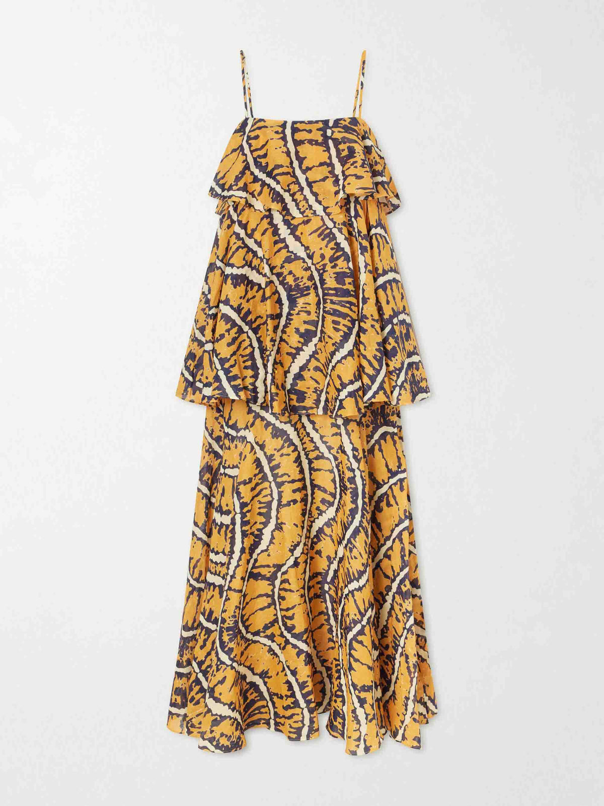 Elegant Abstract Print Tiered Spaghetti Strap Maxi Dress