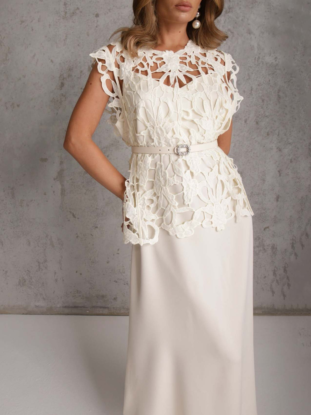 Elegant Cutout Lace Top & Satin Dress Two-Piece Set