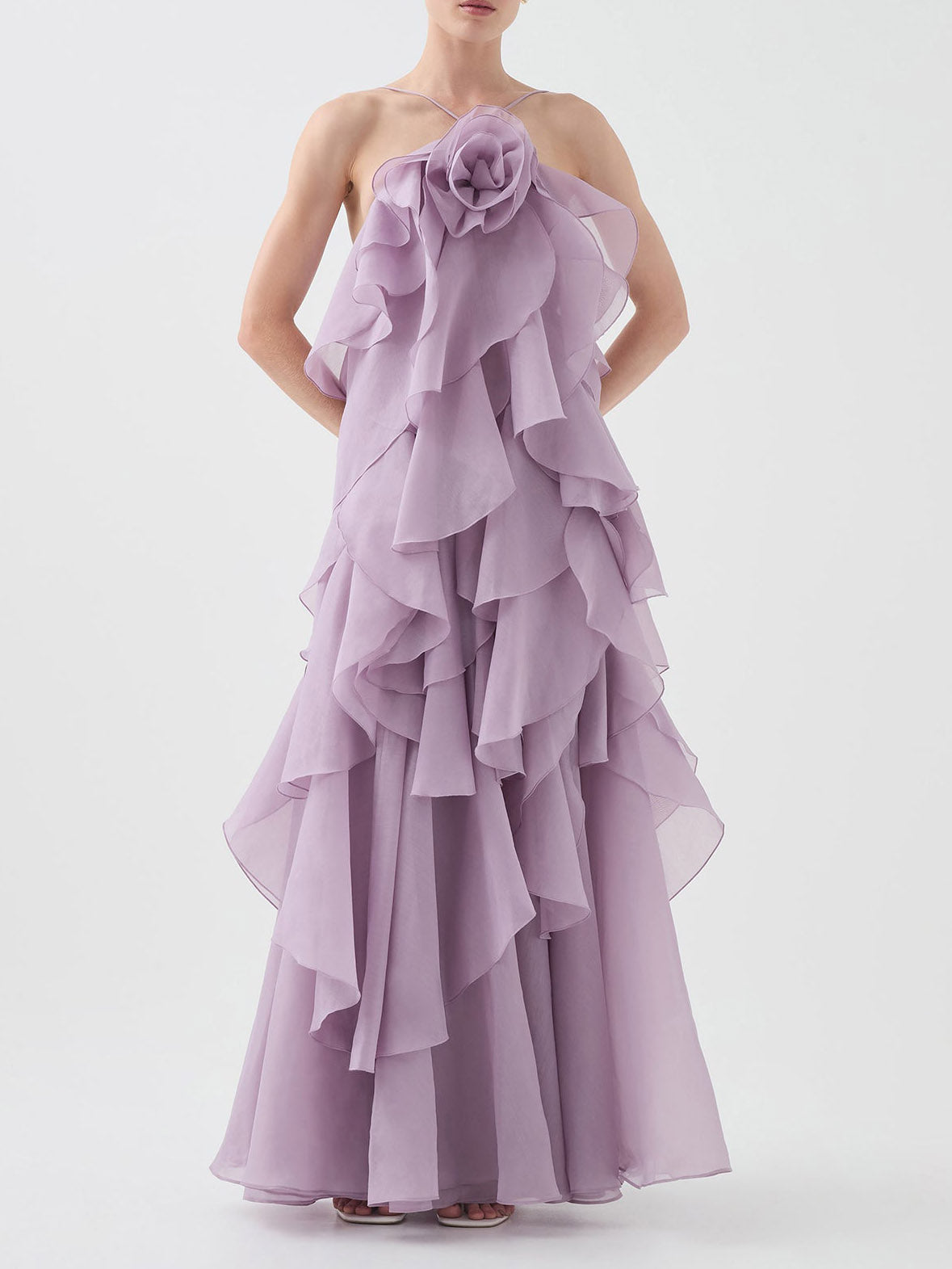 Elegant 3D Flower Ruffle Halter Maxi Dress