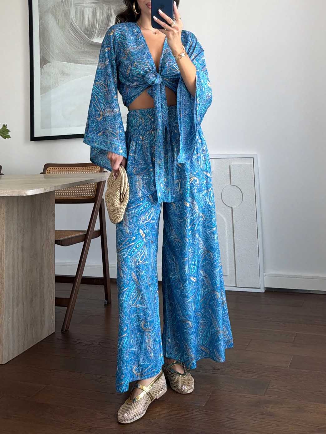 Paisley Print Crop Top & Pants Two-Piece Set