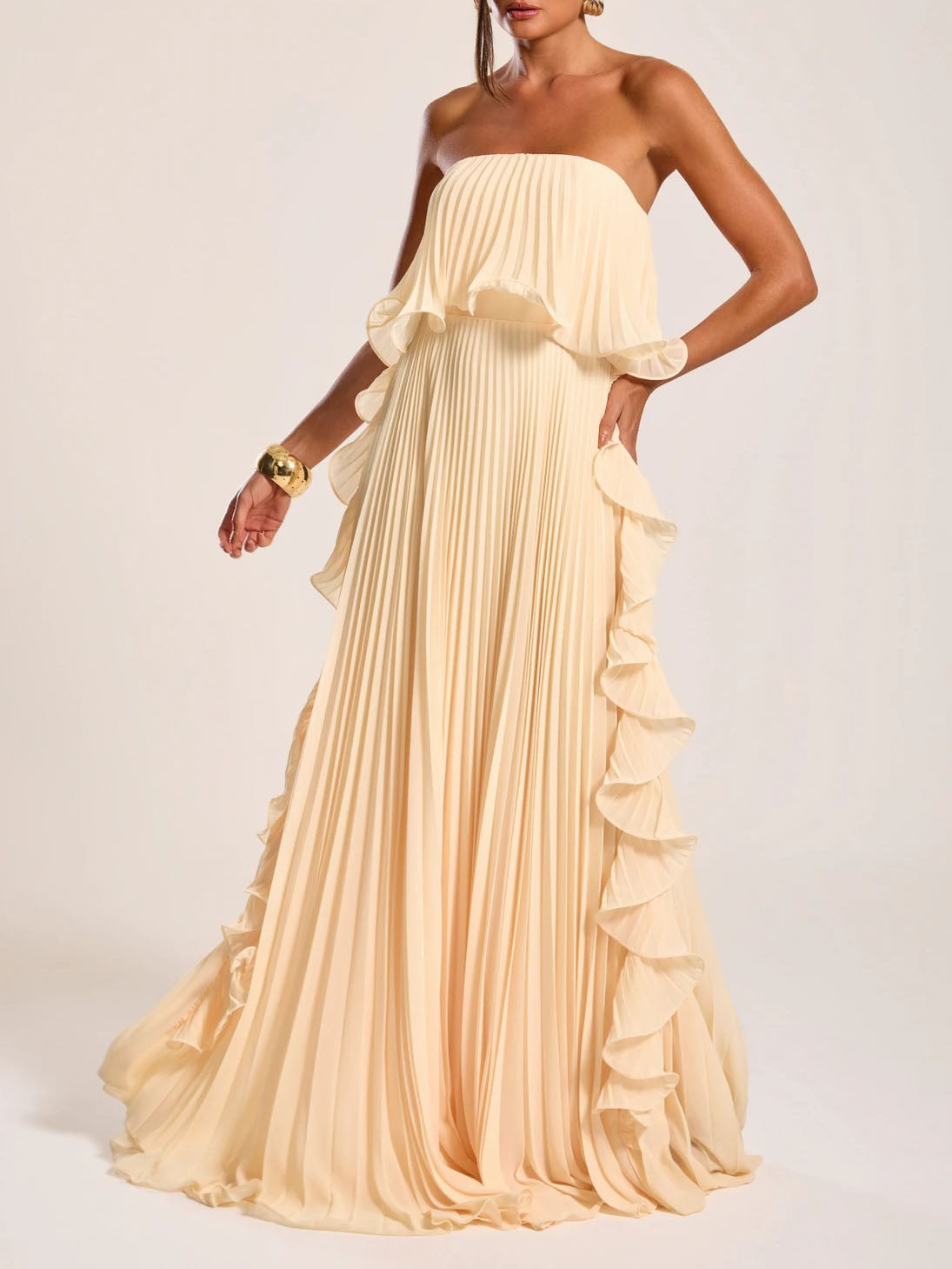 Elegant Strapless Pleated Ruffled Chiffon Maxi Dress